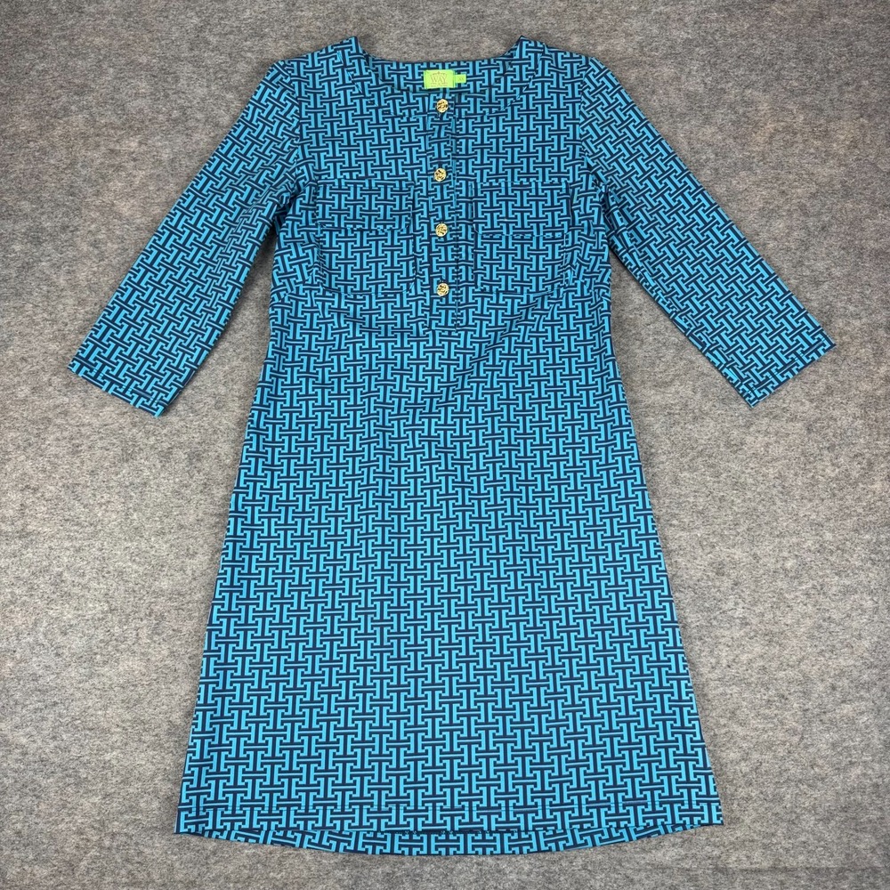 Katherine Way Geometric Dress 3/4 Sleeve Nylon Stretch Blue Womens XS *